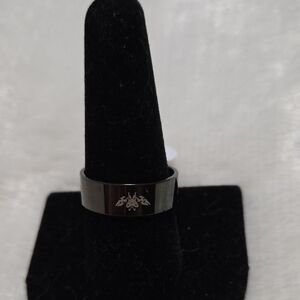Elegant Black Ring  With Silver Design. Size 9.5.